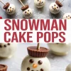 Collage showing decorated snowman cake pops made from white chocolate-dipped cake balls, topped with mini peanut butter cups for hats, mini chocolate chips for eyes and mouths, and orange candy-coated noses on a marble surface with festive sprinkles.