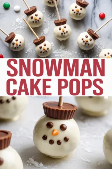 Collage showing decorated snowman cake pops made from white chocolate-dipped cake balls, topped with mini peanut butter cups for hats, mini chocolate chips for eyes and mouths, and orange candy-coated noses on a marble surface with festive sprinkles.