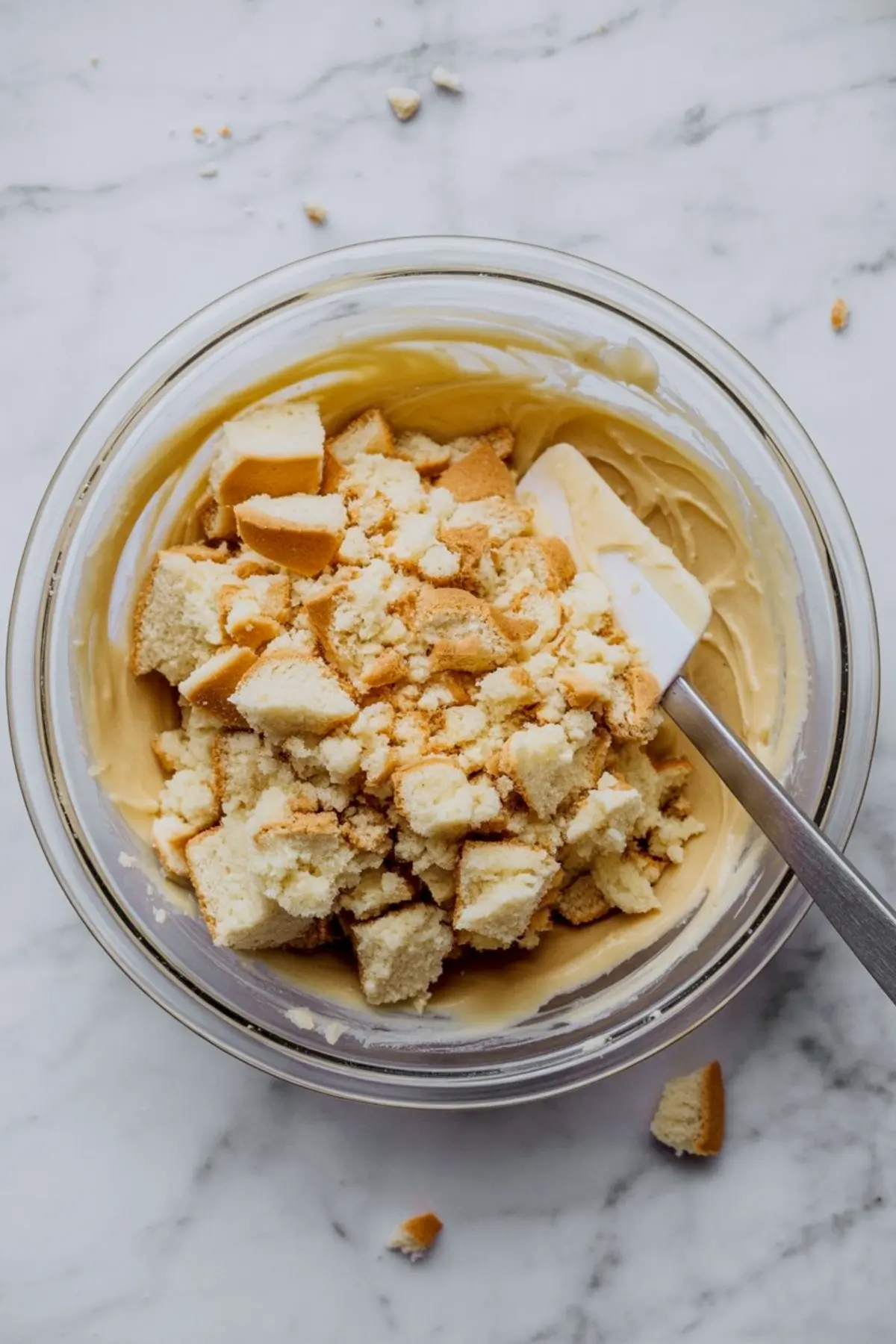 Bowl filled with crumbled vanilla cake pieces and frosting being mixed together with a spatula to form cake pop dough.
