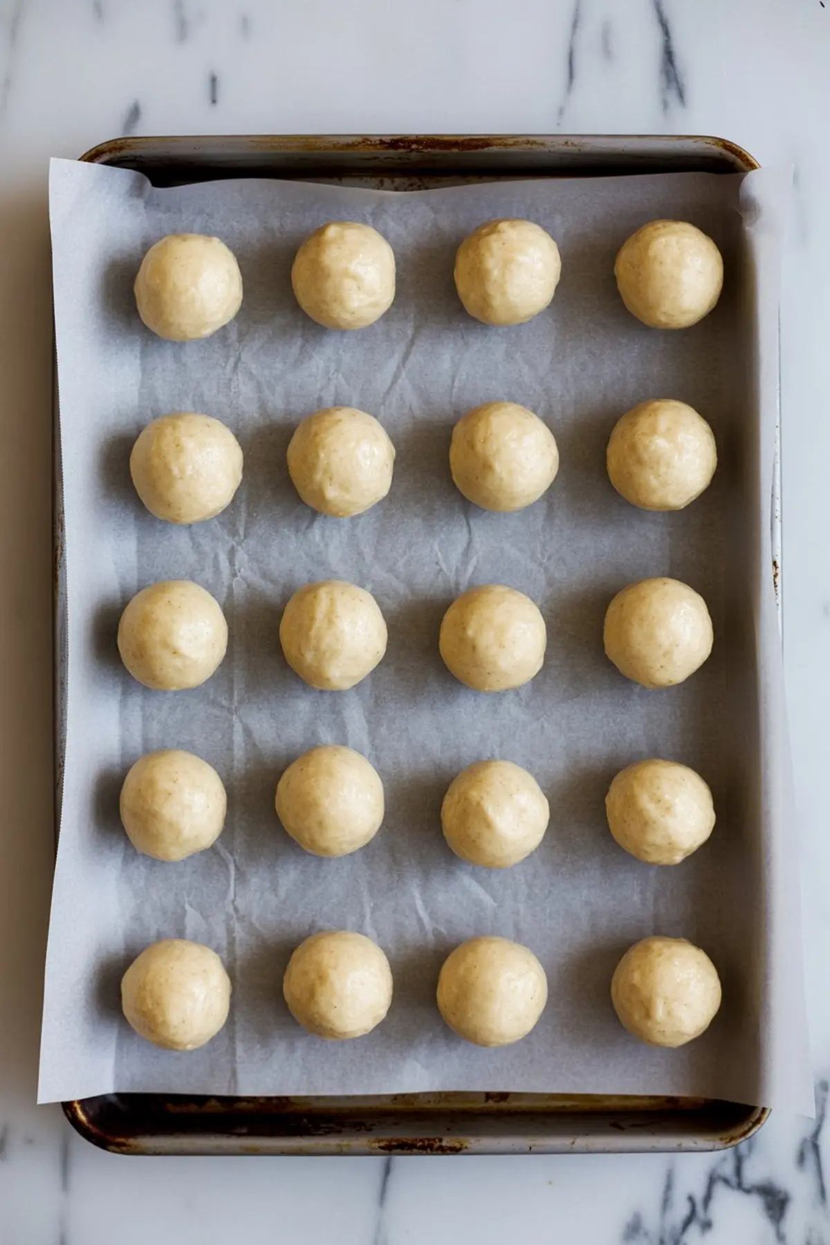 Uncoated cake balls arranged in even rows on a baking sheet lined with parchment paper, ready for dipping and decorating.
