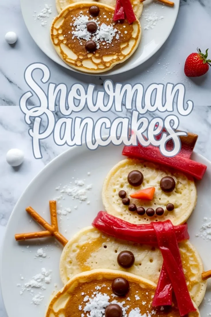 Collage of festive snowman pancakes made with three stacked pancakes decorated with chocolate candies, powdered sugar, red fruit leather scarf, pretzel stick arms, and an orange candy nose on a white marble background.