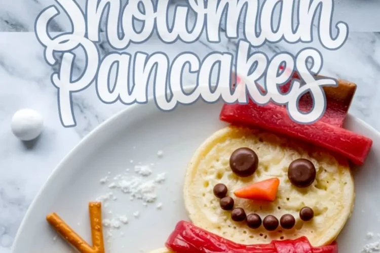 Collage of festive snowman pancakes made with three stacked pancakes decorated with chocolate candies, powdered sugar, red fruit leather scarf, pretzel stick arms, and an orange candy nose on a white marble background.