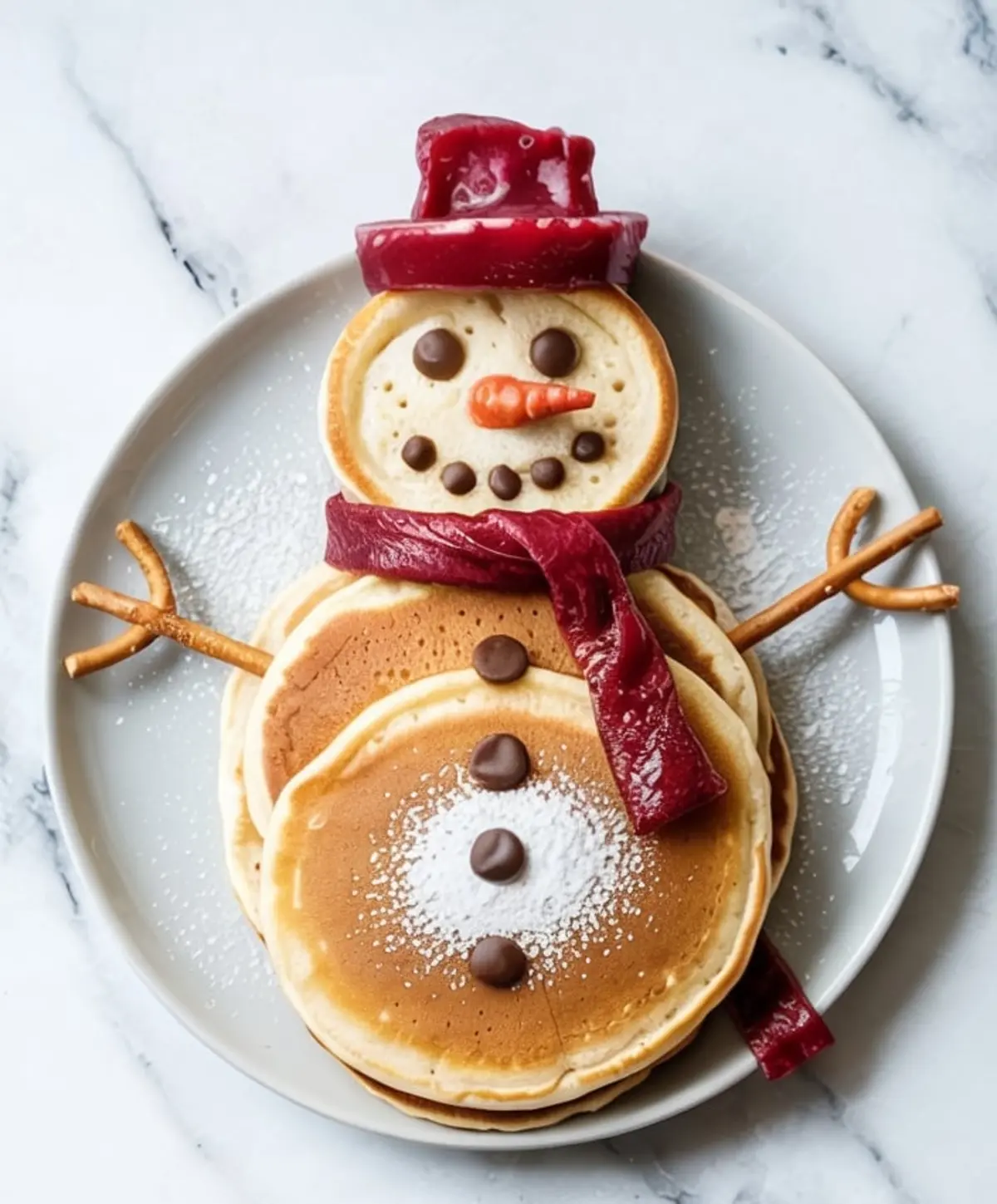 Top-down view of a snowman-shaped pancake breakfast on a round white plate, with red candy scarf, pretzel stick arms, chocolate chip eyes and buttons, and a carrot-shaped candy nose.