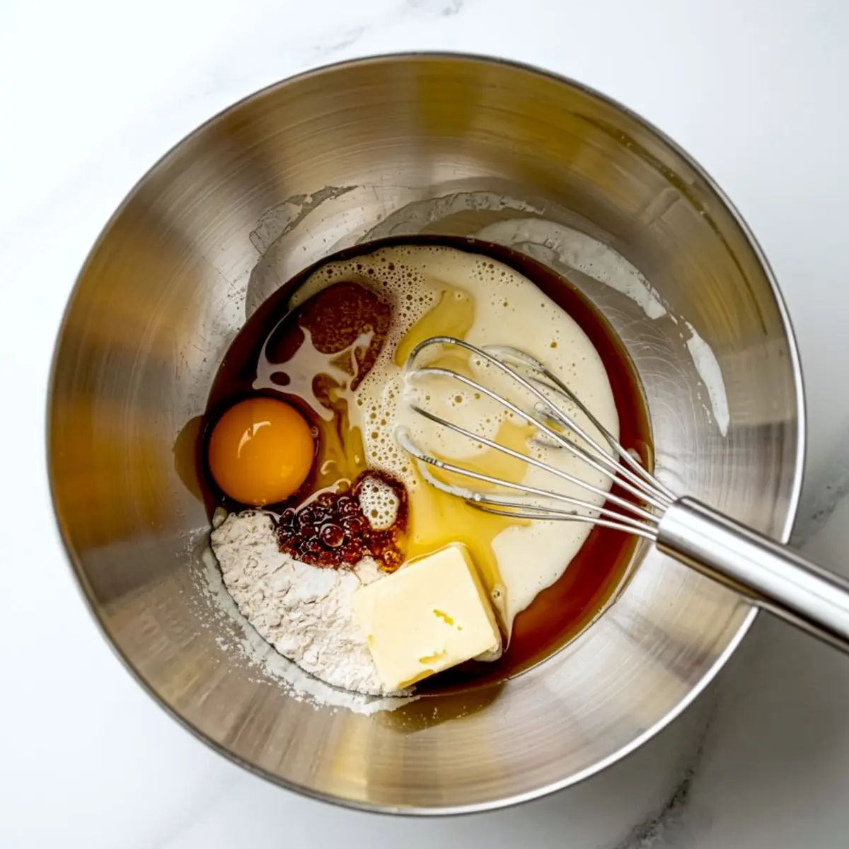 Stainless steel mixing bowl filled with pancake batter ingredients including egg, flour, milk, butter, vanilla, and sugar, with a metal whisk resting inside.