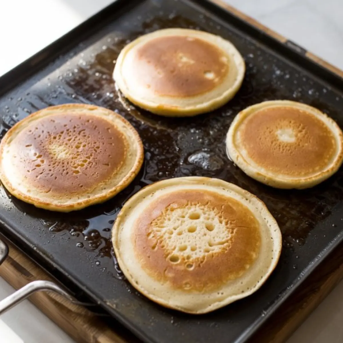 Golden brown pancakes cooking on a greased griddle, with crispy edges and fluffy centers in varying sizes.