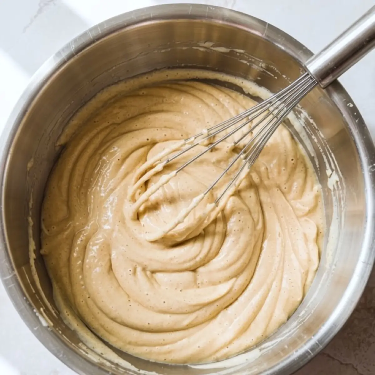 Thick pancake batter fully mixed in a metal bowl with a whisk, ready for cooking, on a light-colored surface.