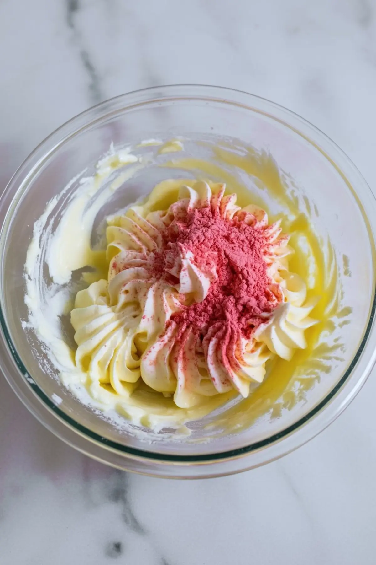 Glass mixing bowl filled with whipped buttercream swirled with a star tip and topped with bright pink strawberry powder, sitting on a marble surface.
