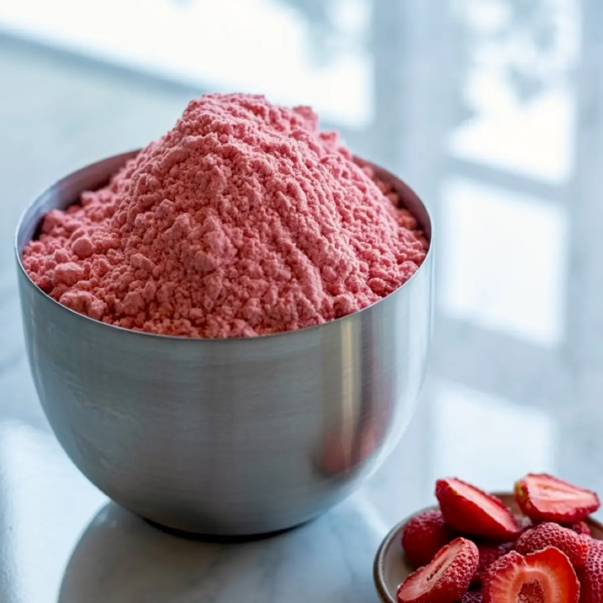 Large metal bowl heaped with fine pink strawberry powder on a white countertop, next to a small dish of halved fresh strawberries.
