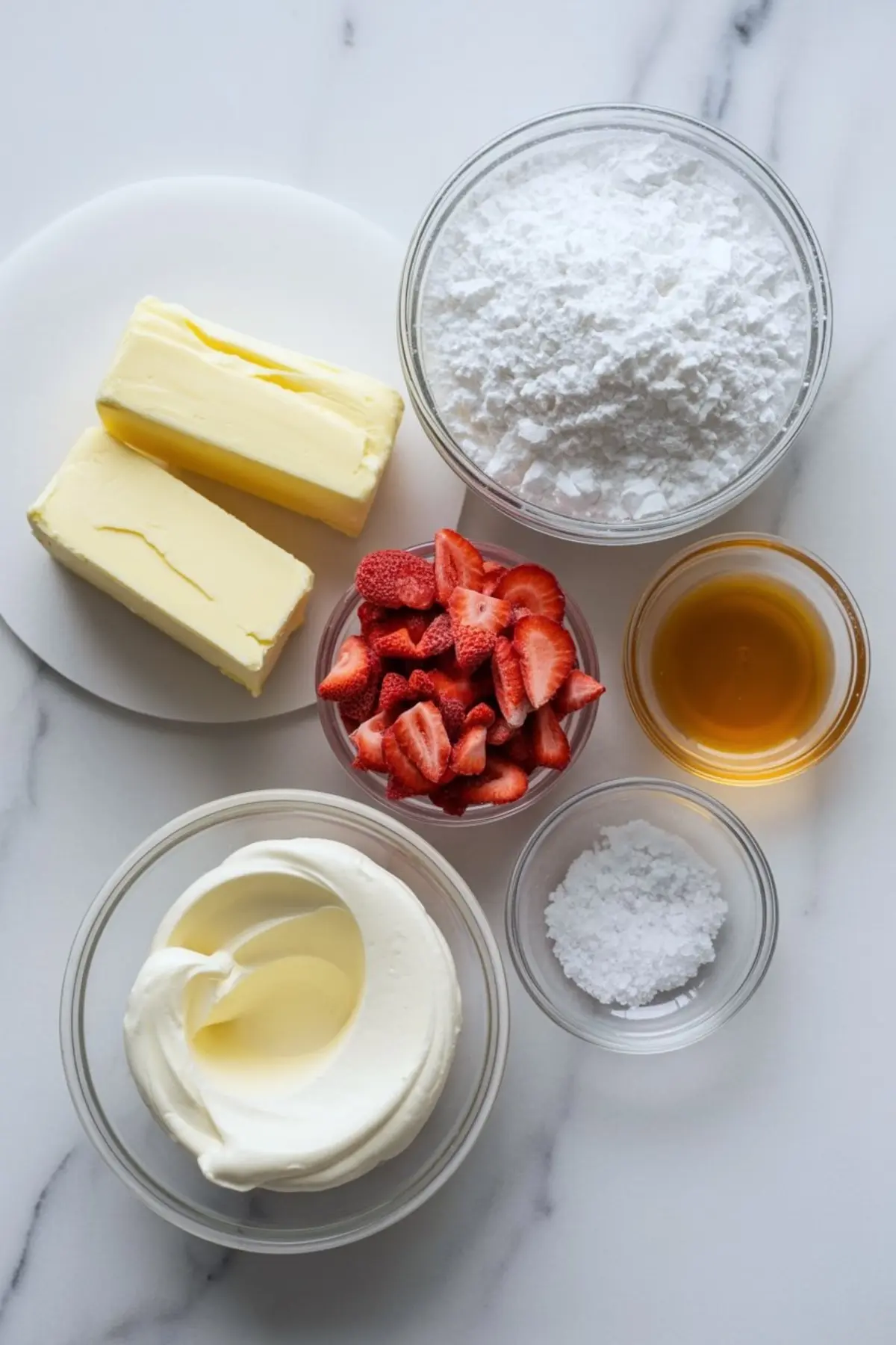 Flat lay of strawberry buttercream ingredients on a white marble background, including butter, powdered sugar, freeze-dried strawberries, vanilla extract, salt, and cream cheese.
