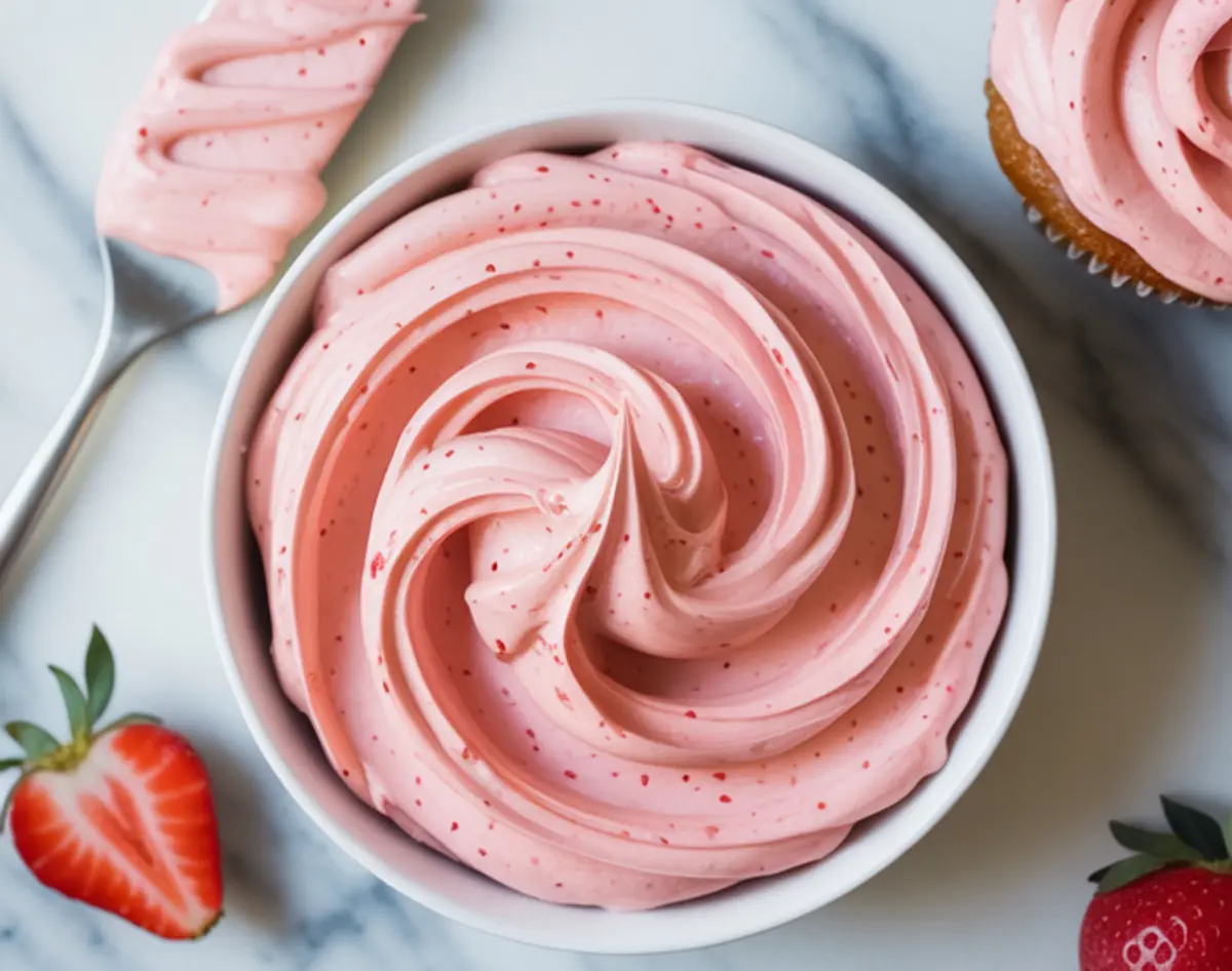 Swirled strawberry buttercream frosting in a white bowl with pink specks, next to a spatula coated in frosting and fresh strawberries on a marble surface.
