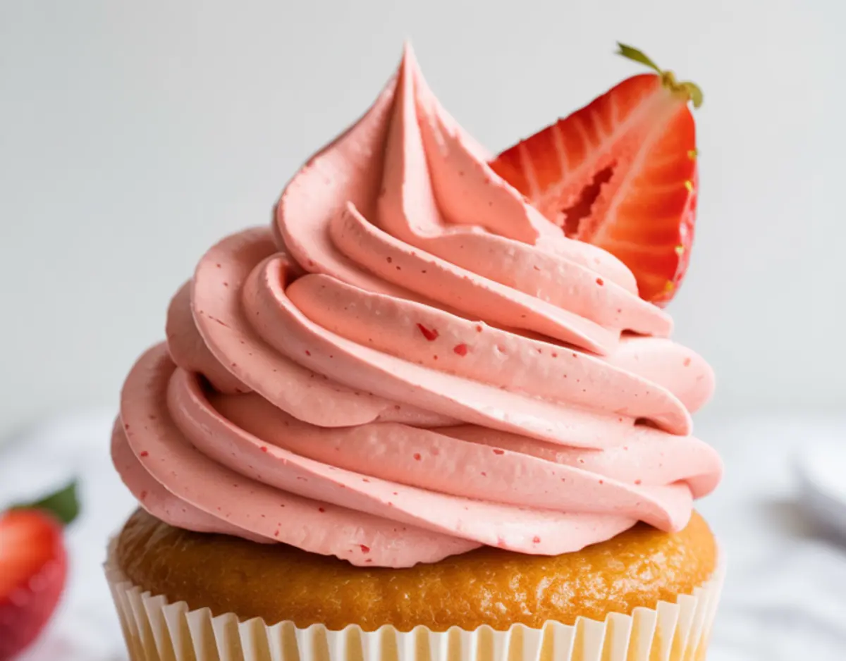Close-up of a vanilla cupcake topped with a tall swirl of pink strawberry buttercream and garnished with a sliced fresh strawberry.
