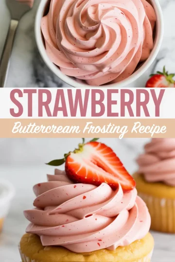 Vertical collage with swirled strawberry buttercream frosting in a white bowl above and a close-up of a cupcake topped with pink frosting and half a strawberry below, separated by a text banner reading “Strawberry Buttercream Frosting”.