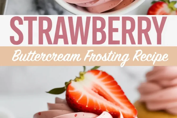 Vertical collage with swirled strawberry buttercream frosting in a white bowl above and a close-up of a cupcake topped with pink frosting and half a strawberry below, separated by a text banner reading “Strawberry Buttercream Frosting”.