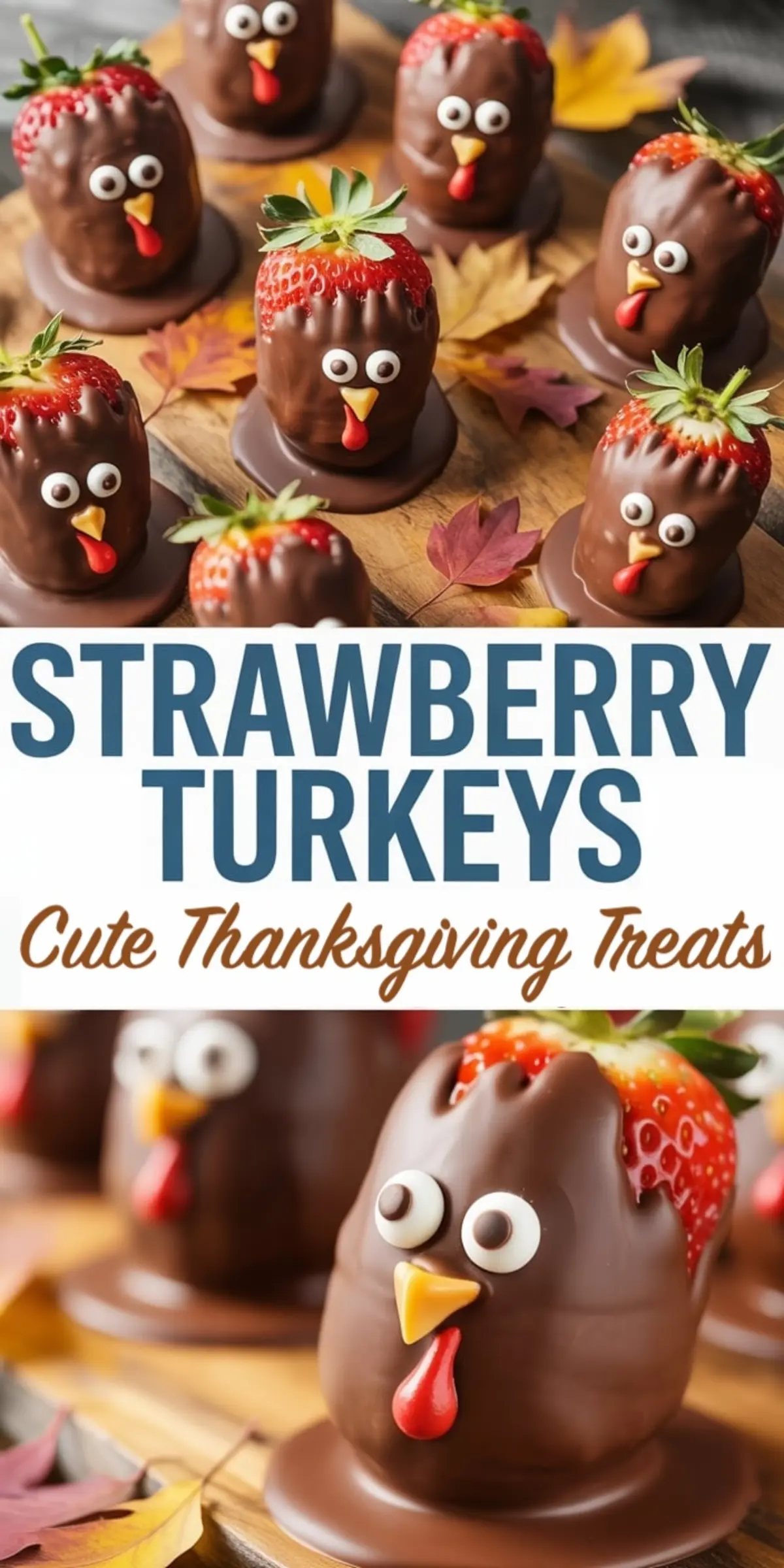 Chocolate-dipped strawberries decorated as turkey faces with candy eyes, yellow candy beaks, and red candy wattles, arranged on a wooden board with autumn leaves for Thanksgiving dessert inspiration.