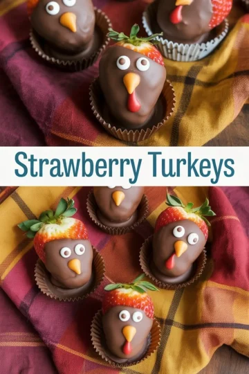 Strawberries coated in chocolate and styled as turkey faces using candy eyes and fondant beaks, placed in paper cups on a plaid fall napkin for a festive Thanksgiving treat display.