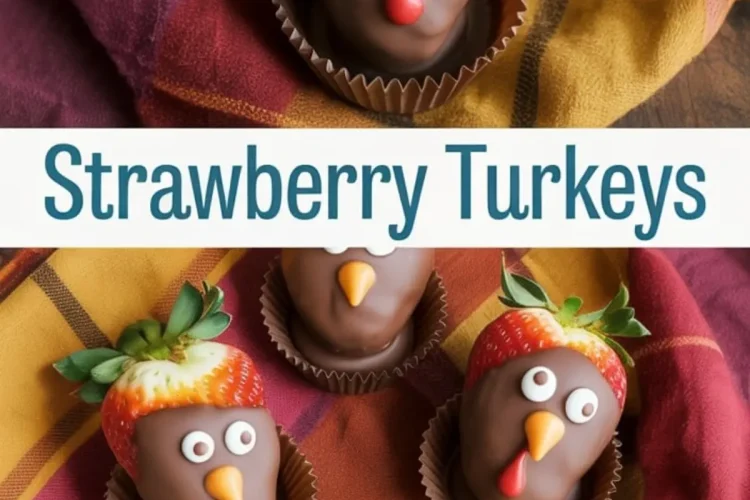Strawberries coated in chocolate and styled as turkey faces using candy eyes and fondant beaks, placed in paper cups on a plaid fall napkin for a festive Thanksgiving treat display.