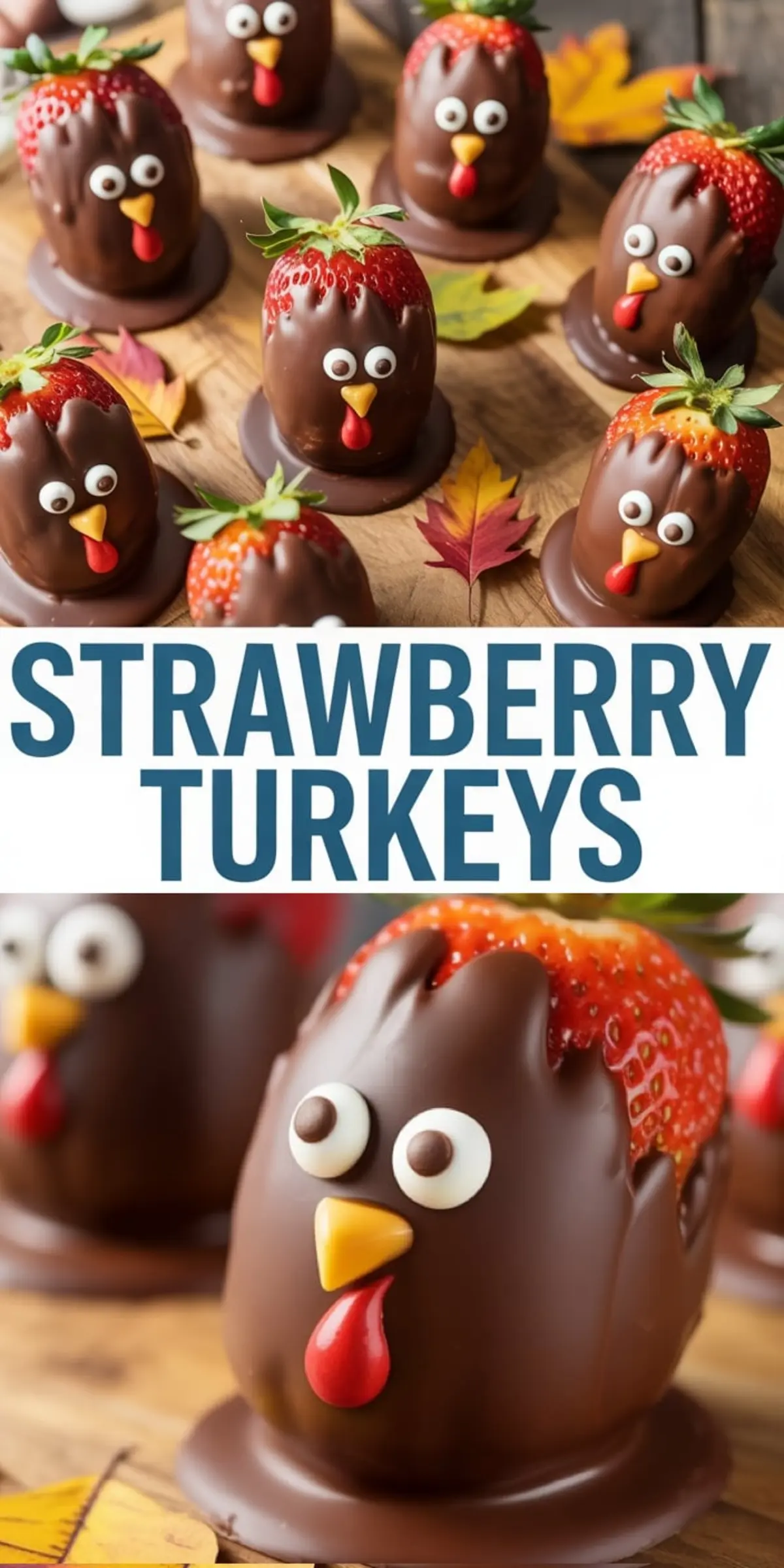 Thanksgiving-themed chocolate-covered strawberries designed as turkeys with candy eyes, yellow beaks, and red wattles, set on a wood board surrounded by colorful fall leaves.