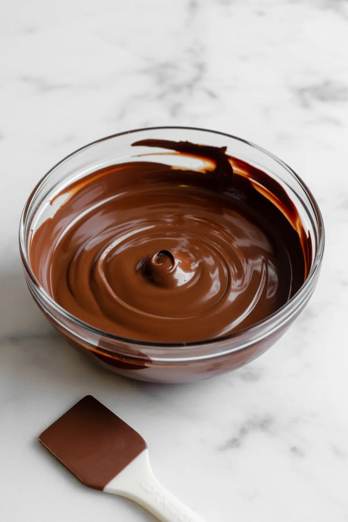 Glass bowl filled with smooth, melted chocolate with a spatula resting nearby on a white marble surface, ready for dipping strawberries or dessert decorating.