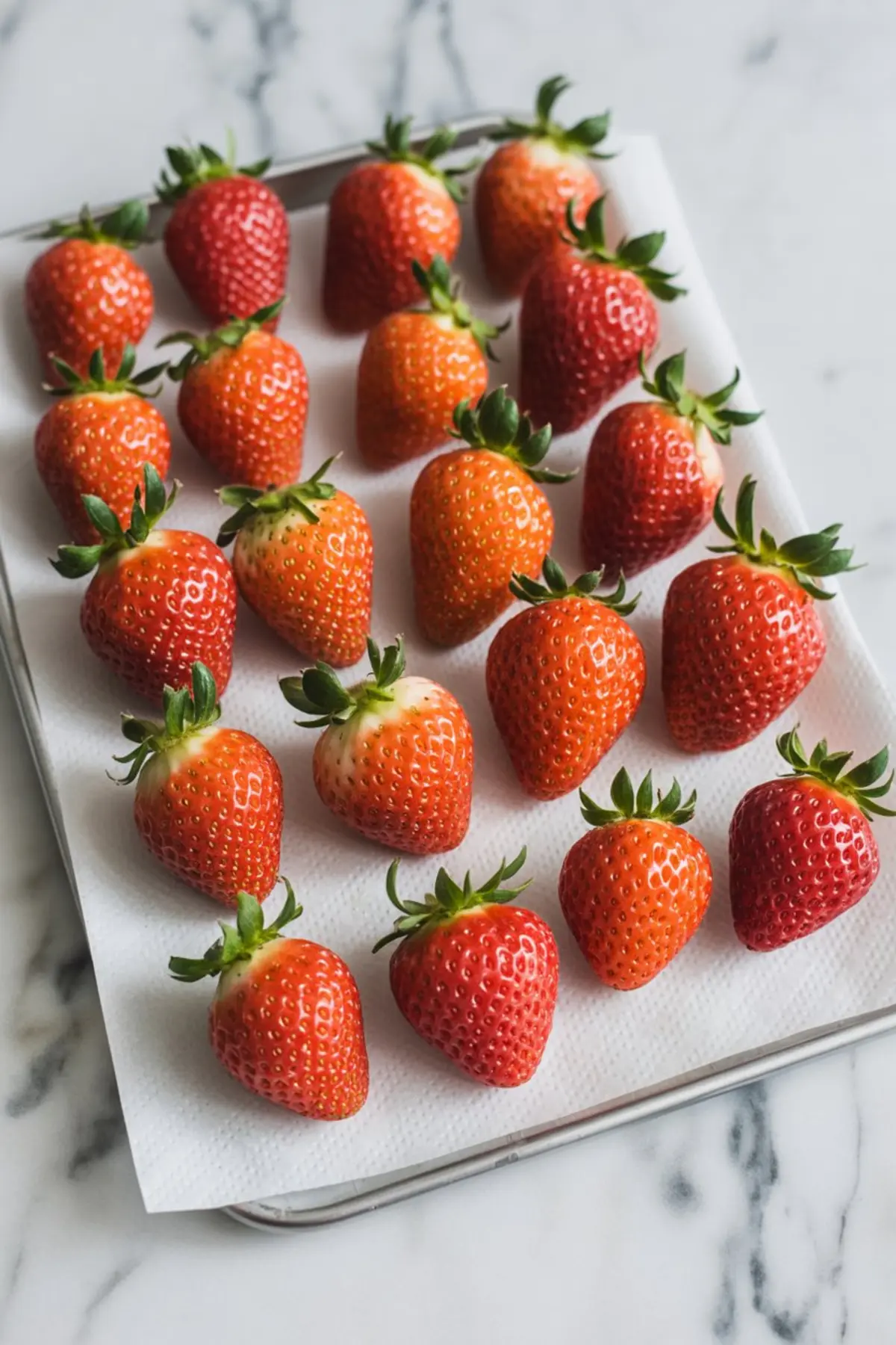 Fresh, ripe strawberries with green stems arranged on a paper towel-lined tray, prepped and dried for chocolate dipping or Thanksgiving dessert crafting.