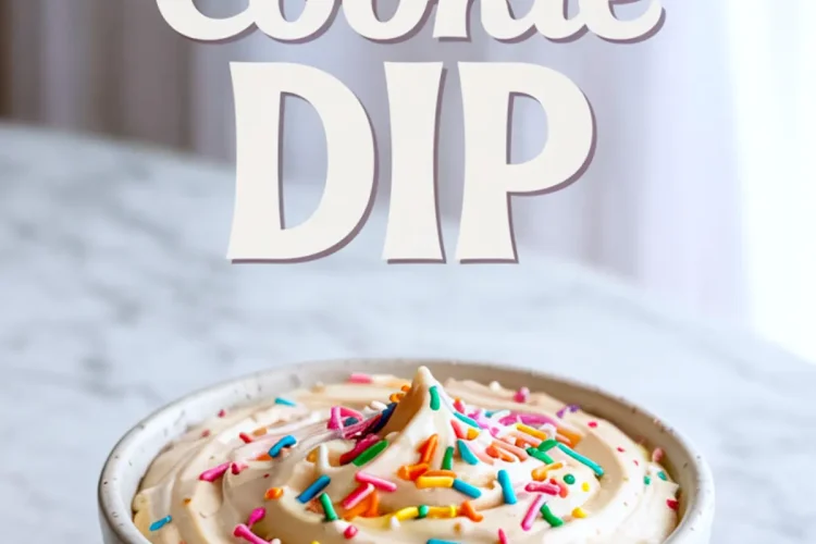 Bowl of sugar cookie dip topped with colorful rainbow sprinkles, placed on a marble counter with soft natural lighting and bold title text above.