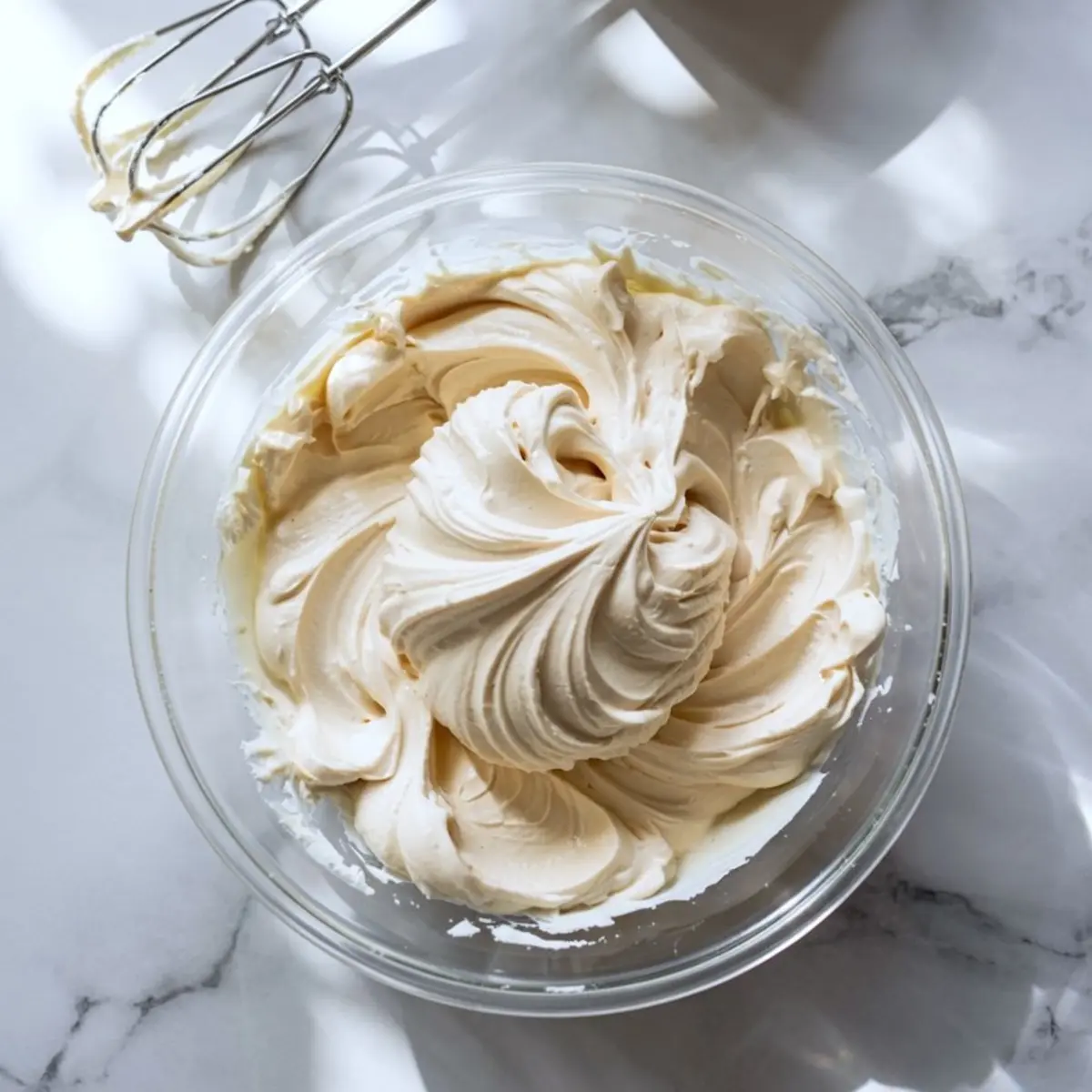 Creamy whipped mixture in a glass bowl with electric beaters, showing smooth vanilla dip consistency for dessert spreads or frostings.
