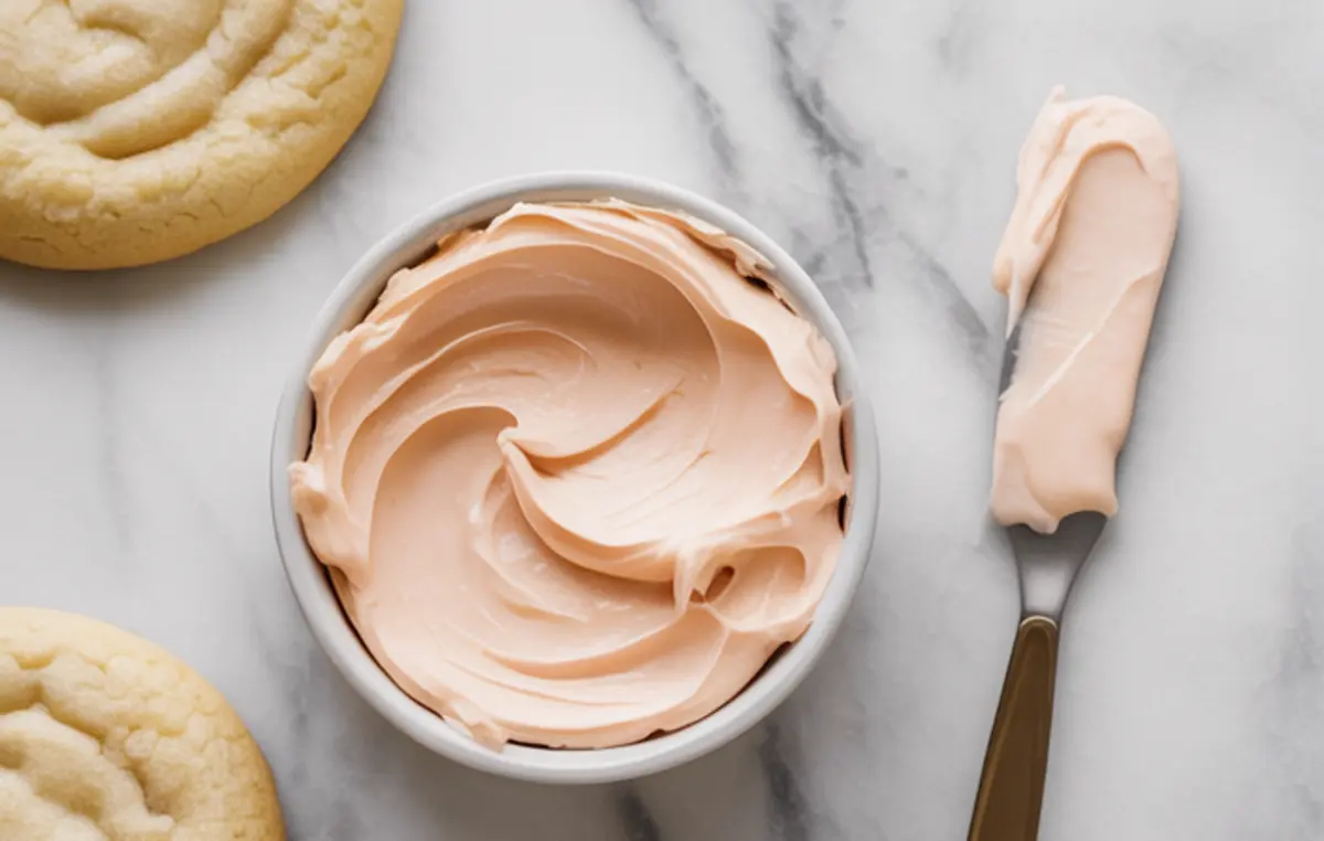 Smooth pink frosting swirled in a small white bowl with a spreader knife on the side, placed on a marble surface.