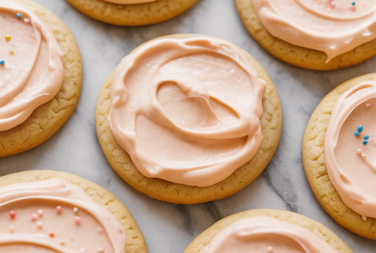 Soft sugar cookies topped with swirls of light pink frosting and a few with sprinkles, arranged on a marble background.