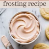 Pinterest-style vertical image with a bowl of glossy pink frosting in the center, frosted and unfrosted cookies around it, and top text reading “Sugar Cookie Frosting Recipe”.
