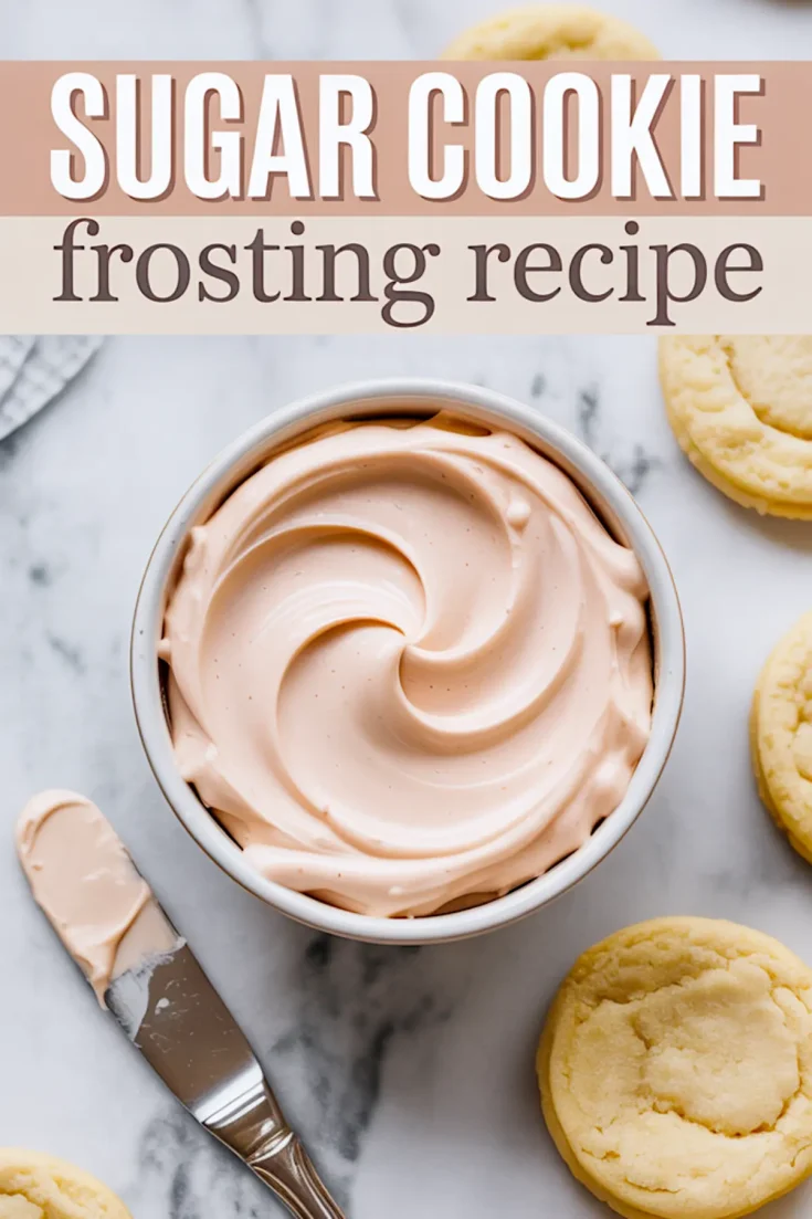 Pinterest-style vertical image with a bowl of glossy pink frosting in the center, frosted and unfrosted cookies around it, and top text reading “Sugar Cookie Frosting Recipe”.