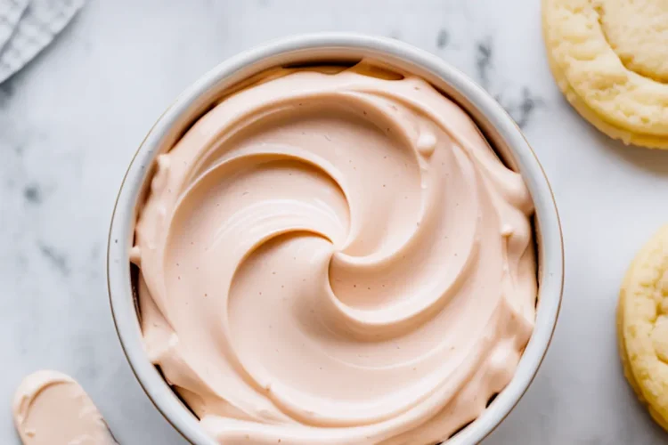 Pinterest-style vertical image with a bowl of glossy pink frosting in the center, frosted and unfrosted cookies around it, and top text reading “Sugar Cookie Frosting Recipe”.