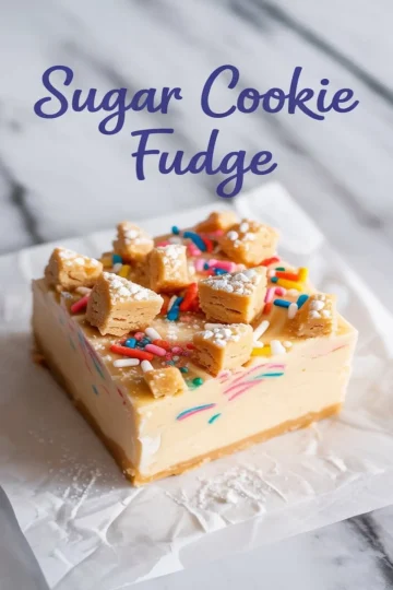 Square piece of sugar cookie fudge topped with colorful sprinkles and cookie chunks, served on white parchment paper with a smooth, creamy texture.