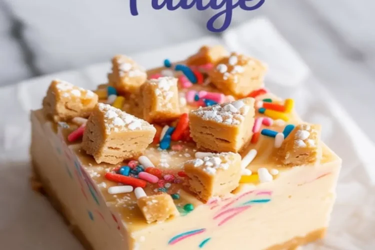 Square piece of sugar cookie fudge topped with colorful sprinkles and cookie chunks, served on white parchment paper with a smooth, creamy texture.