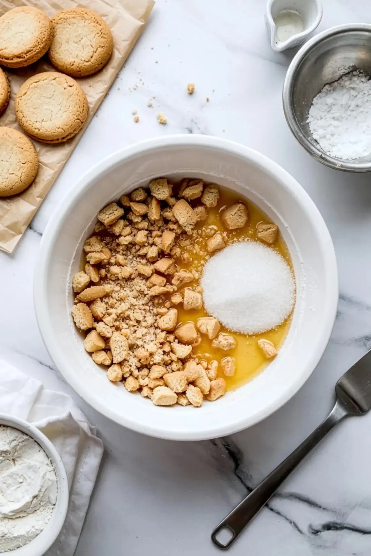 Crushed sugar cookies, granulated sugar, and melted butter combined in a mixing bowl on a marble countertop, surrounded by whole cookies and baking ingredients.