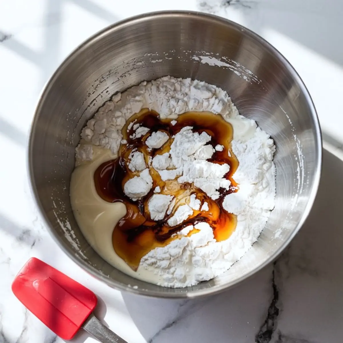 Ingredients for royal icing in a mixing bowl, including powdered sugar, vanilla extract, and icing base, set on a marble countertop with a red spatula beside the bowl.
