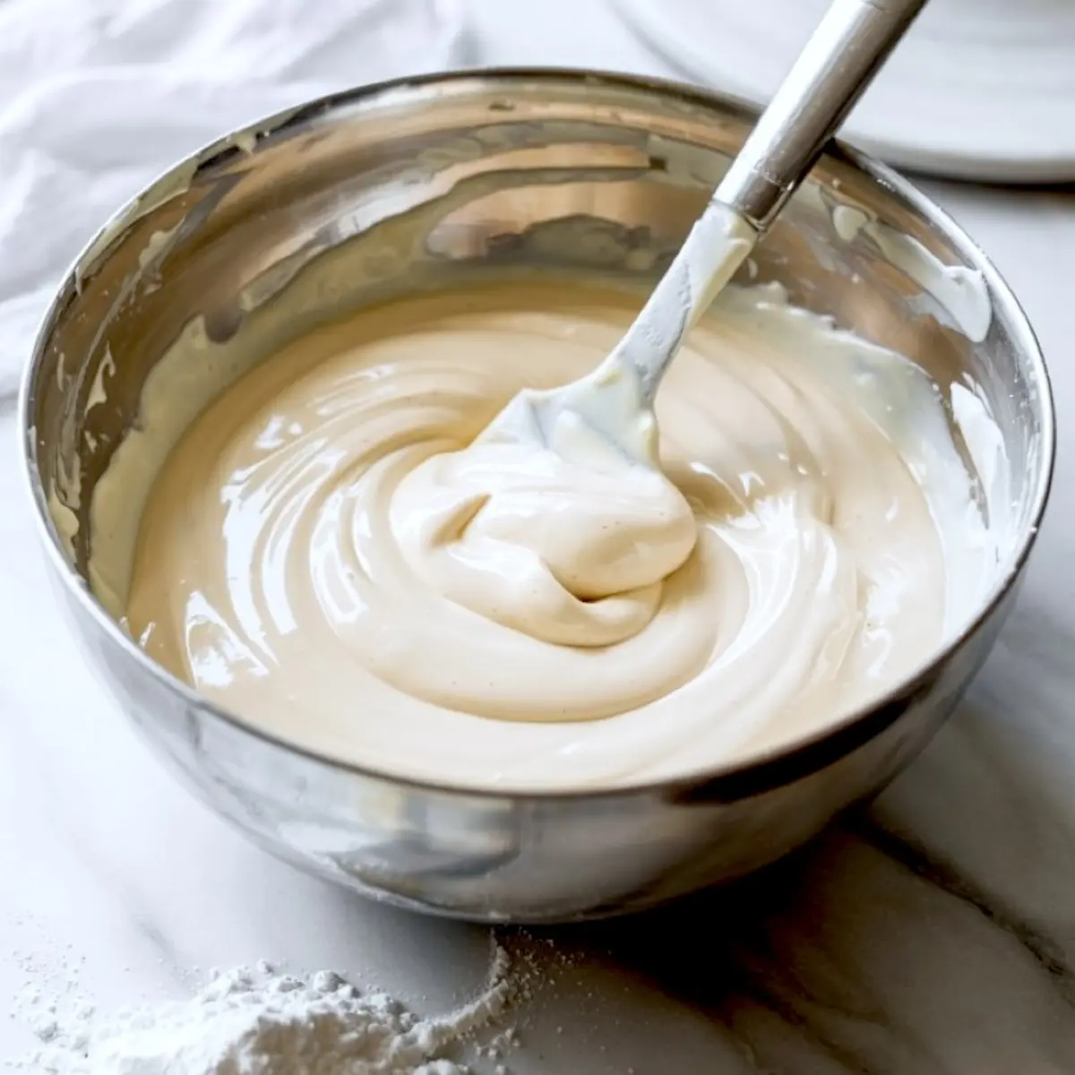 A close-up of a thick white icing mixture being stirred in a metal bowl on a marble surface, with powdered sugar dusted nearby.
