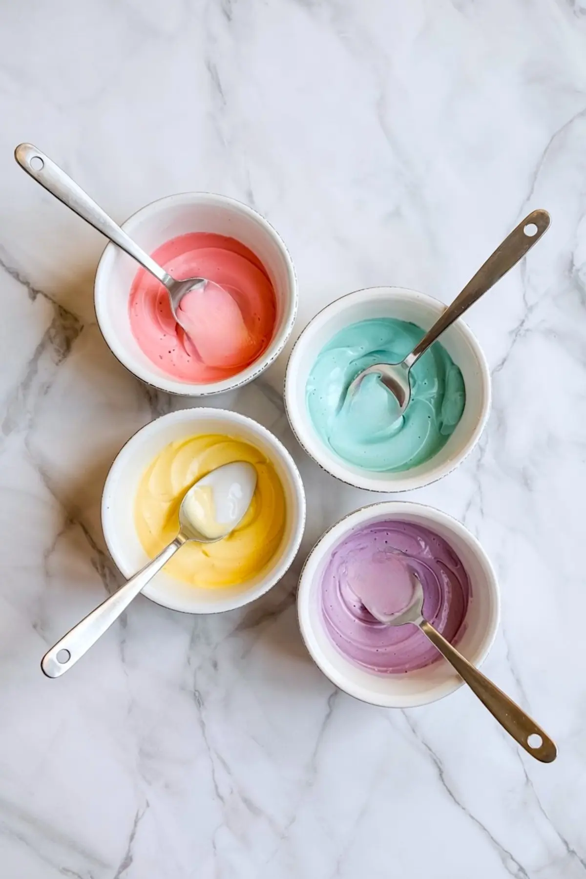 Four white bowls filled with pastel-colored icing—pink, mint green, yellow, and lavender—each with a metal spoon, arranged in a square on a marble countertop.
