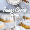 Two-photo collage showing thick sugar cookie icing being mixed in a bowl with a spatula above, and the icing being piped onto a round sugar cookie below, highlighting its glossy finish.
