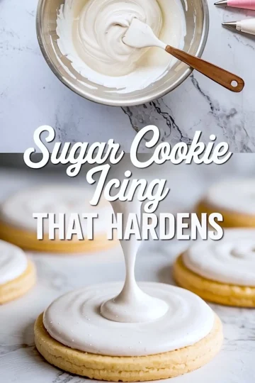 Two-photo collage showing thick sugar cookie icing being mixed in a bowl with a spatula above, and the icing being piped onto a round sugar cookie below, highlighting its glossy finish.