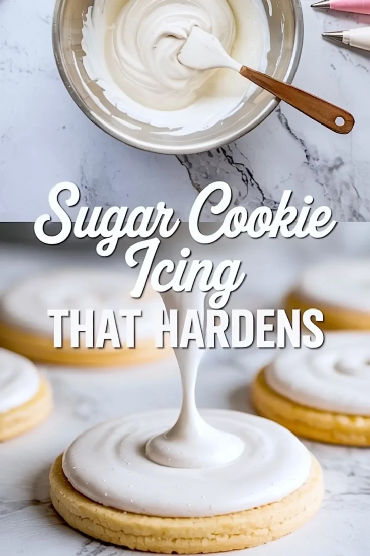Two-photo collage showing thick sugar cookie icing being mixed in a bowl with a spatula above, and the icing being piped onto a round sugar cookie below, highlighting its glossy finish.