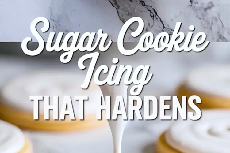 Two-photo collage showing thick sugar cookie icing being mixed in a bowl with a spatula above, and the icing being piped onto a round sugar cookie below, highlighting its glossy finish.