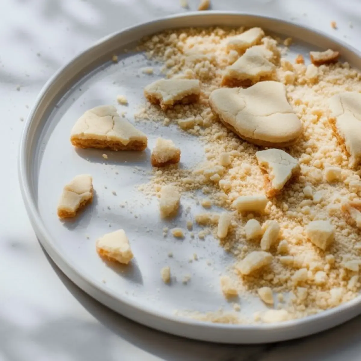 A white plate scattered with broken sugar cookies and fine cookie crumbs, basking in soft natural light.