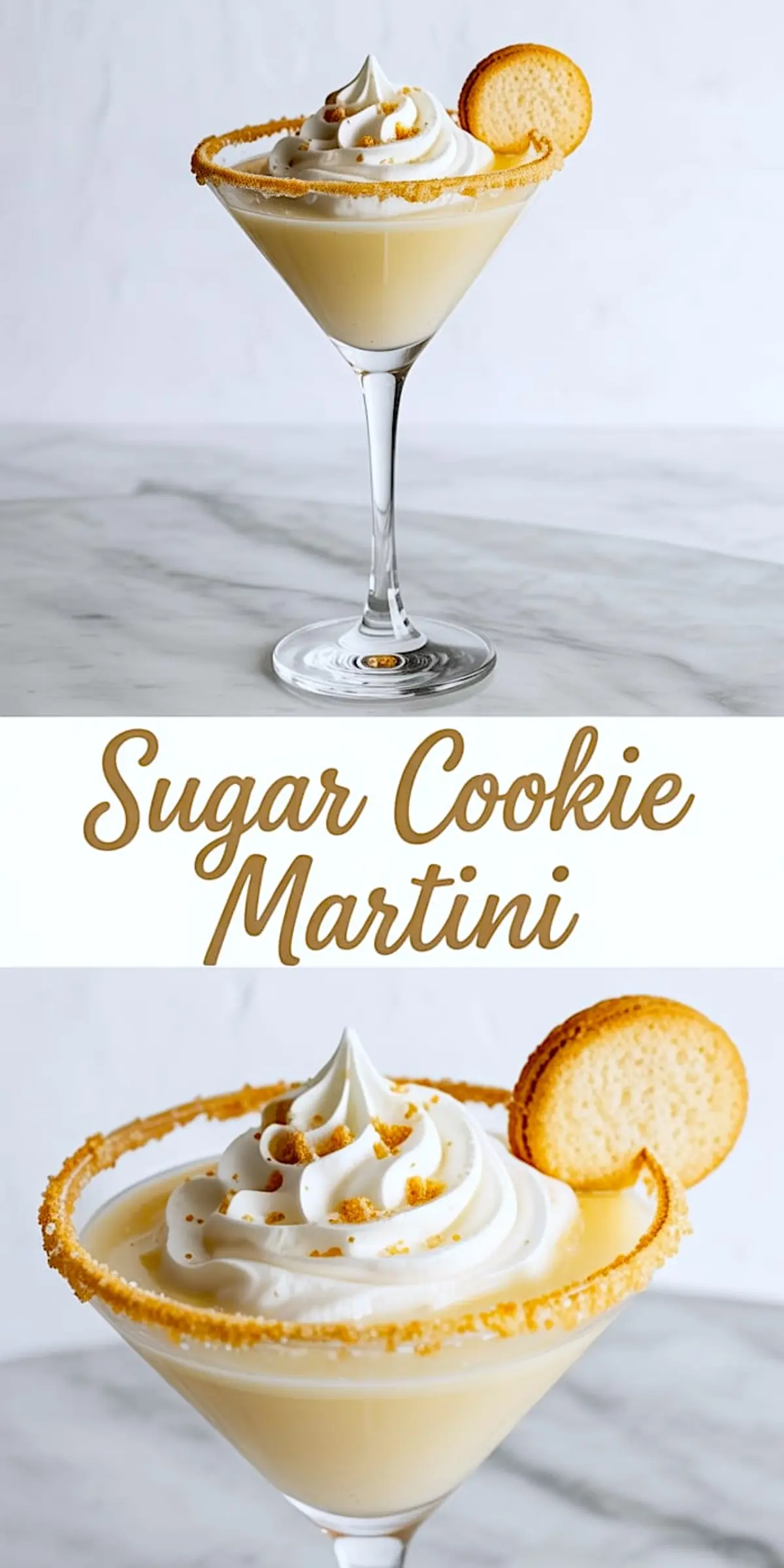 A two-part image of a sugar cookie martini. The top view shows the full drink on a marble surface with a cookie garnish and whipped cream topping, while the bottom close-up highlights the creamy texture, swirled topping, and crushed cookie sprinkles.