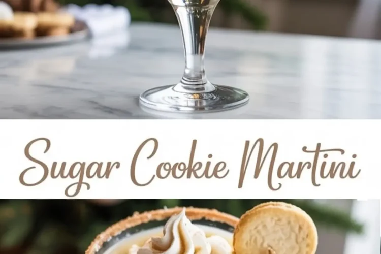 Split view of a sugar cookie martini in a holiday setting. The upper half shows the full drink garnished with whipped cream and a cookie on a marble table, while the lower half zooms in on the whipped topping and cookie rim with festive greenery in the background.