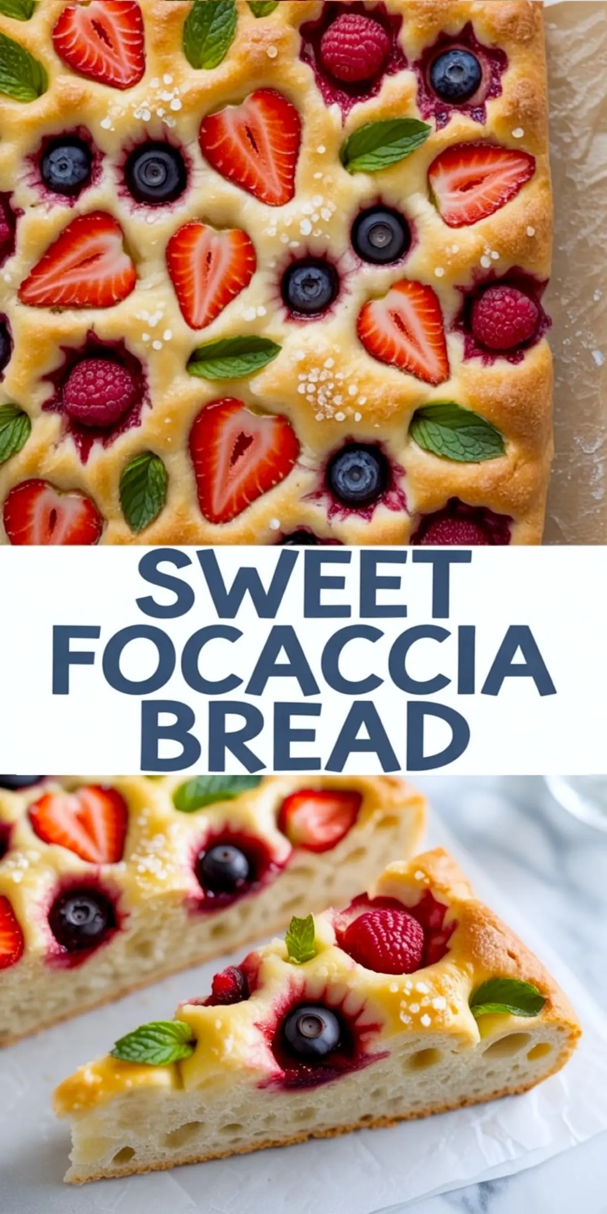 Sweet berry focaccia bread decorated with halved strawberries, whole raspberries, blueberries, mint leaves, and pearl sugar, sliced to reveal a fluffy interior with pockets of baked fruit.