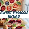 Freshly baked sweet focaccia bread with a golden crust, adorned with vibrant berries, mint sprigs, and sugar crystals, sliced to showcase its airy interior and jammy berry swirls.