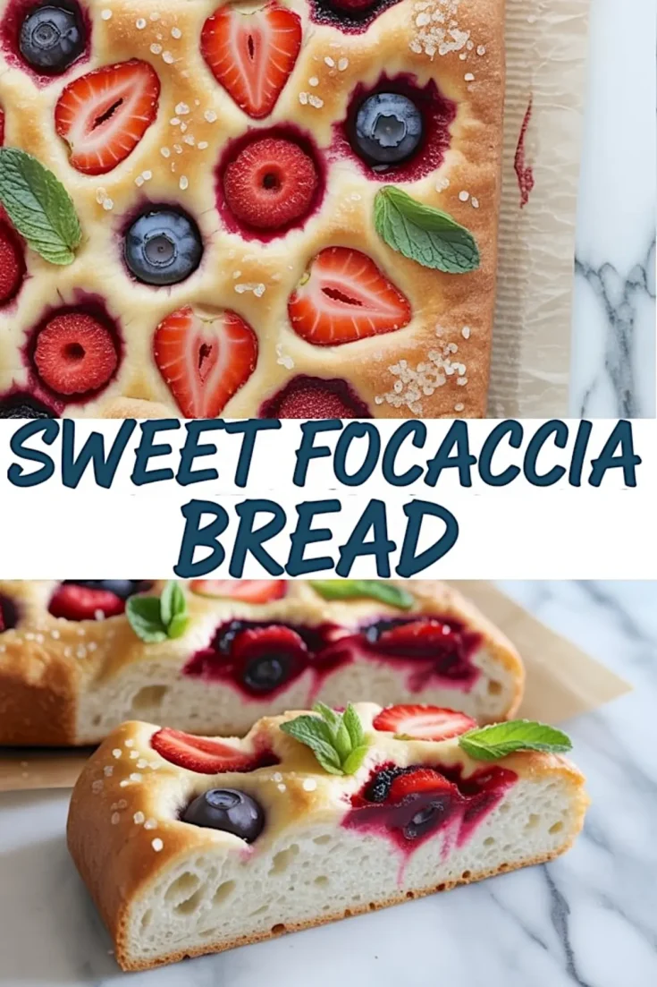 Freshly baked sweet focaccia bread with a golden crust, adorned with vibrant berries, mint sprigs, and sugar crystals, sliced to showcase its airy interior and jammy berry swirls.