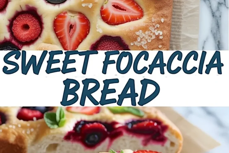 Freshly baked sweet focaccia bread with a golden crust, adorned with vibrant berries, mint sprigs, and sugar crystals, sliced to showcase its airy interior and jammy berry swirls.