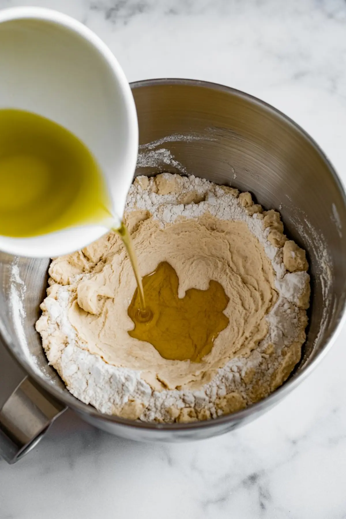 Olive oil being poured into a well of flour in a metal mixing bowl, showing the beginning steps of making focaccia dough on a marble surface.