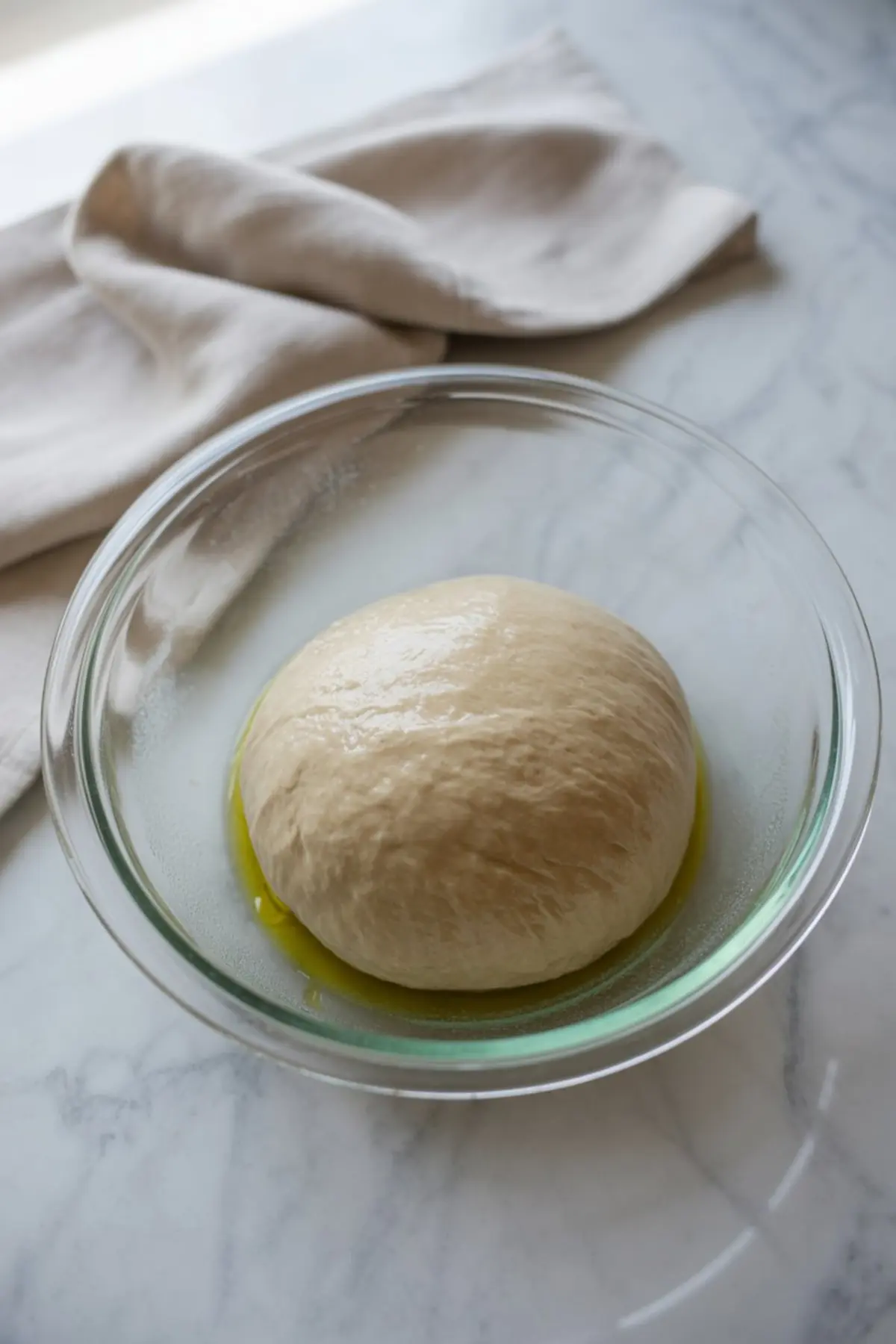 Smooth, risen ball of focaccia dough resting in a glass bowl coated with olive oil, placed on a marble countertop near a beige cloth.