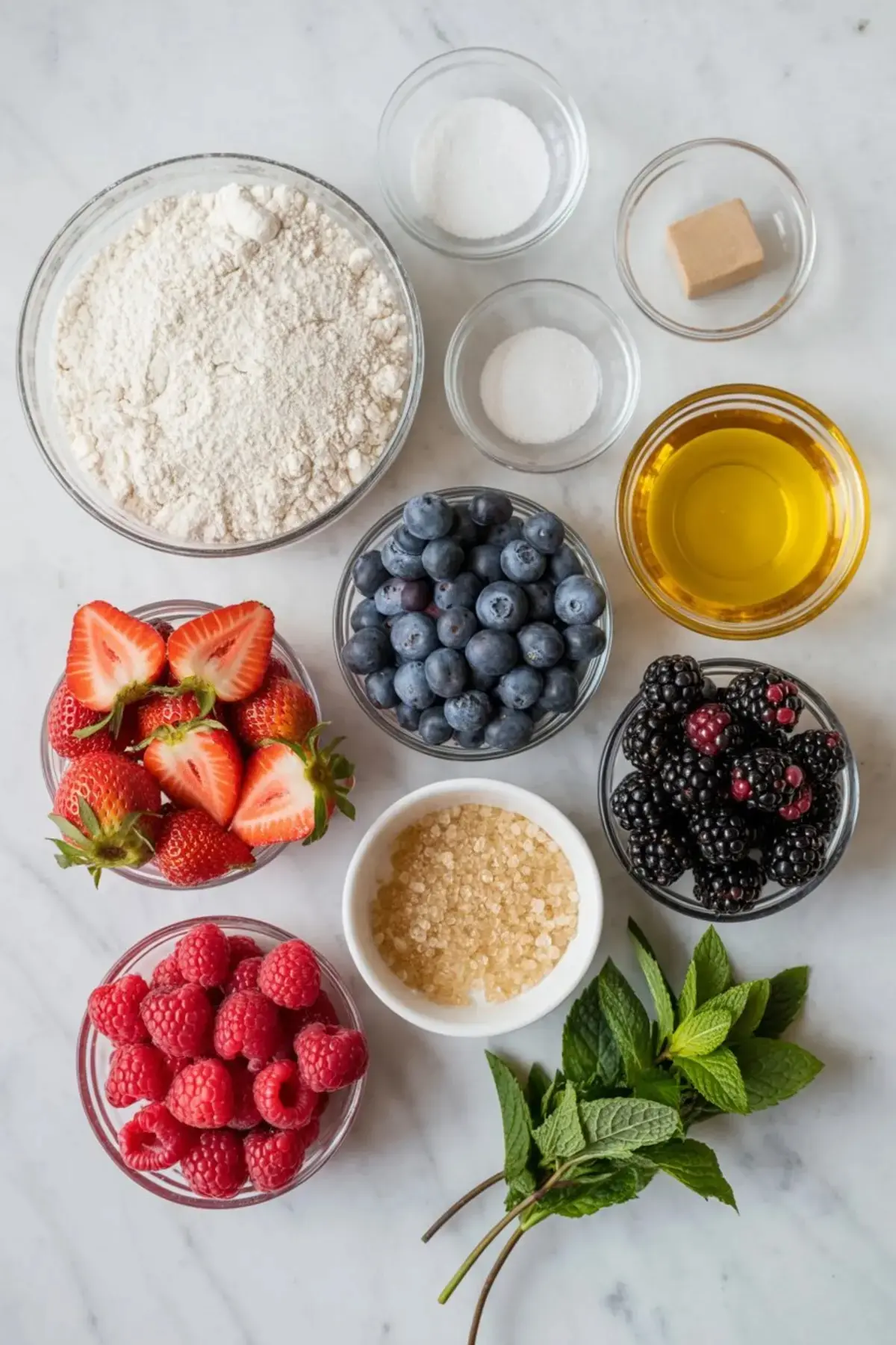 Flat lay of sweet focaccia ingredients including flour, sugar, fresh strawberries, raspberries, blueberries, blackberries, raw sugar, mint leaves, olive oil, and yeast on a marble background.